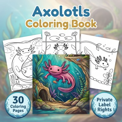 A customizable PLR publisher kit for an axolotls coloring book displaying underwater printable pages, cover options, and mockup images.