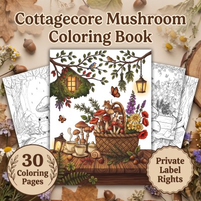 PLR publisher kit preview for a cottagecore mushroom coloring book, displaying customizable cover materials and cozy interior artwork.