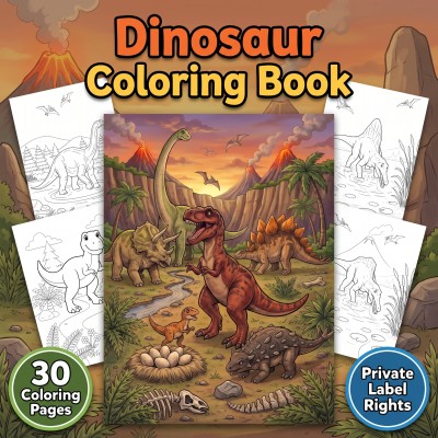 A customizable PLR publisher kit for a dinosaur coloring book showing printable prehistoric pages, cover options, and mockup images.
