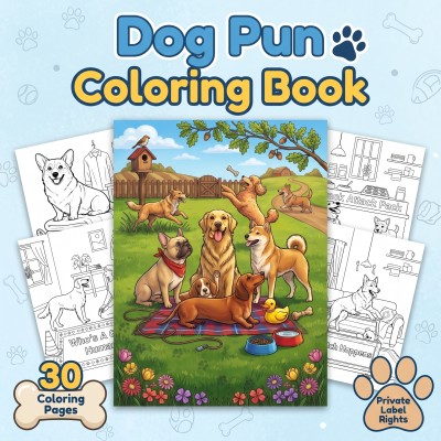 A customizable PLR publisher kit for a dog pun coloring book displaying funny printable pages, flat cover options, and mockup images.