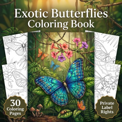 A digital preview of the exotic butterflies coloring book PLR kit showcasing intricate insect artwork and publisher materials.