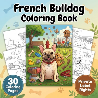 A digital preview of the french bulldog coloring book PLR kit showcasing cute puppy artwork and publisher customization materials.
