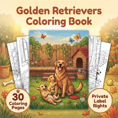 A digital preview of the golden retrievers coloring book PLR kit showcasing warm dog artwork and customizable publisher materials.