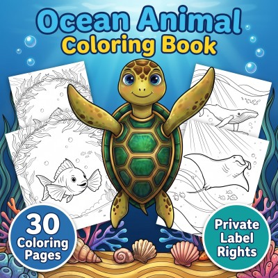 Preview of a PLR publisher kit for an ocean animal coloring book, displaying customizable cover materials and bold interior artwork.