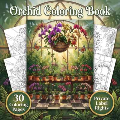 PLR publisher kit preview for an orchid coloring book, displaying customizable cover materials and elegant botanical interior artwork.