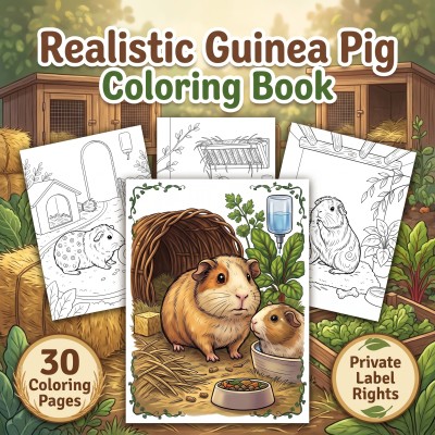 Preview of a PLR publisher kit for a realistic guinea pig coloring book, featuring customizable cover materials and interior artwork.