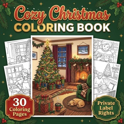 Cover and package preview for the cozy christmas coloring book PLR kit, featuring a customizable holiday coloring collection.