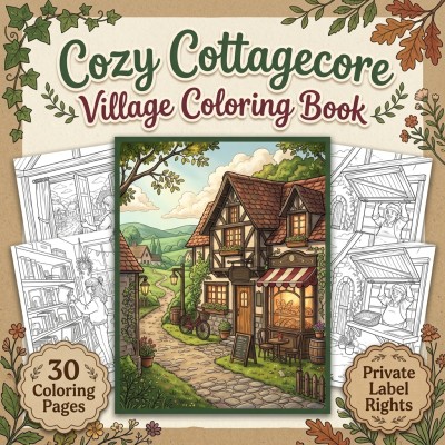 Cover and package preview for the cozy cottagecore village coloring book PLR kit, representing a customizable publisher collection.