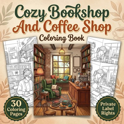 Cover preview for the cozy bookshop and coffee shop coloring book PLR kit, presenting a customizable publisher product.