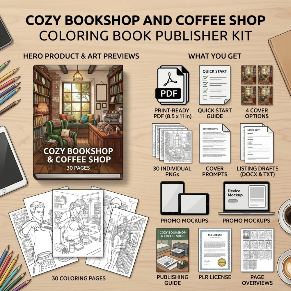 Cozy Bookshop And Coffee Shop Coloring What You Get PLR files
