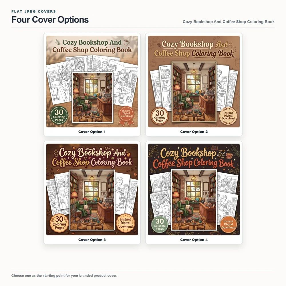 Cozy Bookshop And Coffee Shop Coloring Your Brand PLR cover options