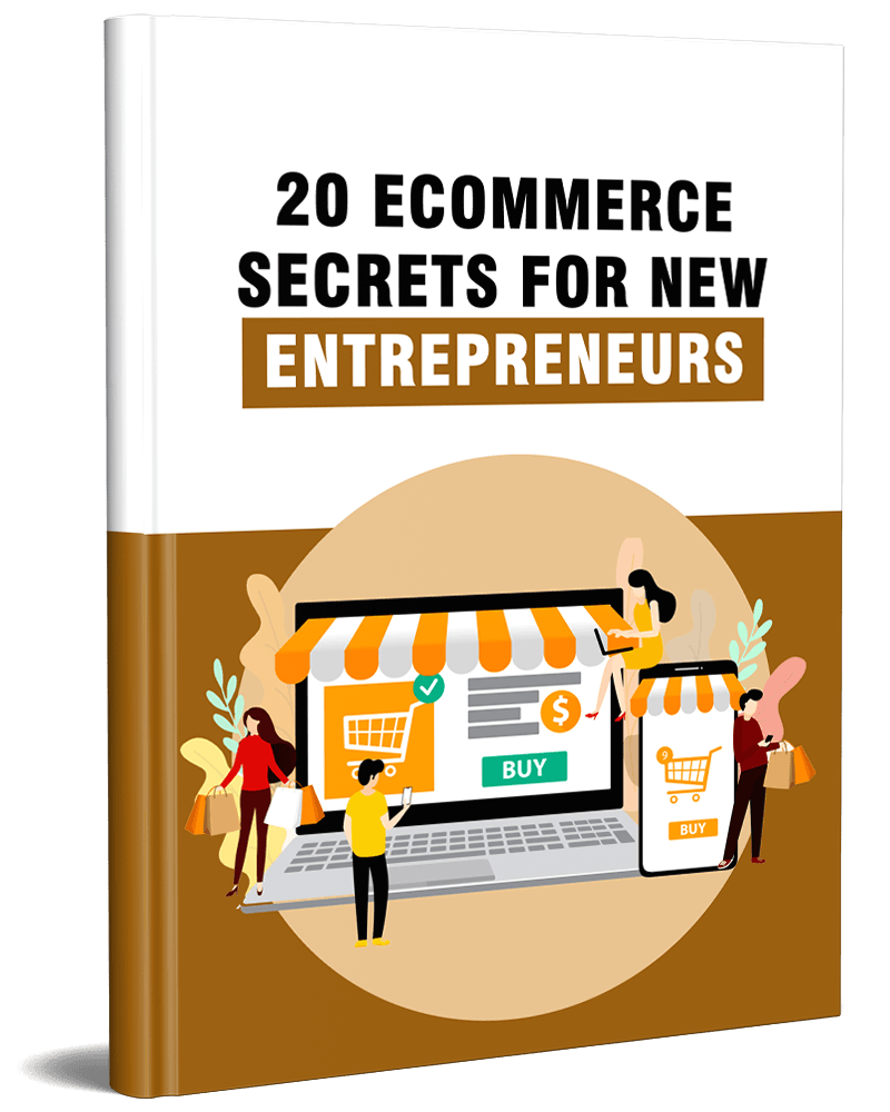 E-cover mockup for '20 eCommerce Secrets for New Entrepreneurs' PLR eBook.