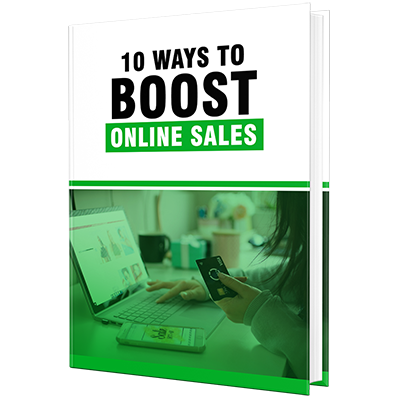 3D book cover for '10 Ways to Boost Online Sales' PLR eBook.