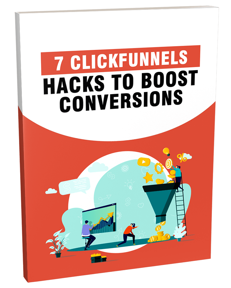 3D cover mockup for '7 ClickFunnels Hacks to Boost Conversions' PLR eBook.