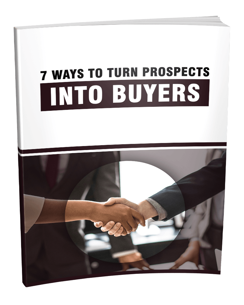 E-cover mockup for '7 Ways to Turn Prospects Into Buyers' PLR eBook.
