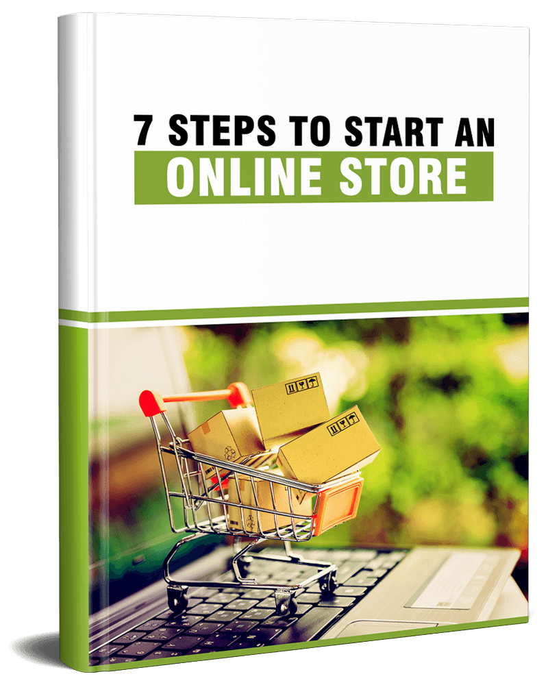 3D book cover for '7 Steps to Start an Online Store' PLR eBook.