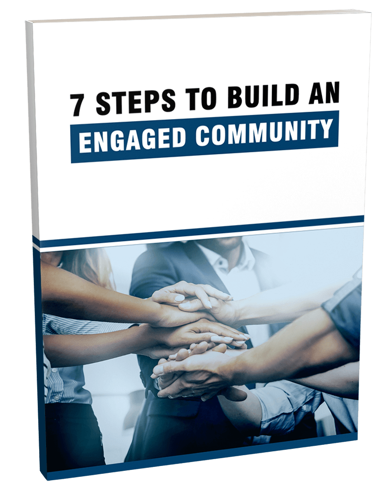 3D eBook mockup for '7 Steps to Build an Engaged Community' PLR guide on growing loyal audiences.
