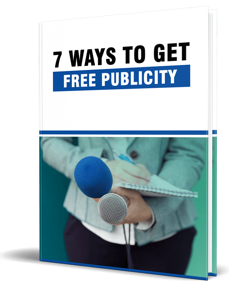 3D mockup of the '7 Ways to Get Free Publicity' PLR eBook featuring media exposure tips.