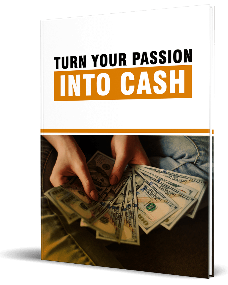 3D mockup of 'Turn Your Passion Into Cash' PLR eBook guiding readers to monetize their hobbies.