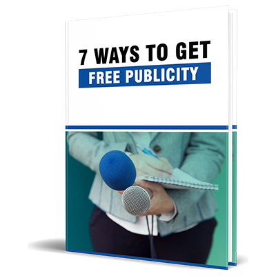 3D mockup of the '7 Ways to Get Free Publicity' PLR eBook featuring media exposure tips.