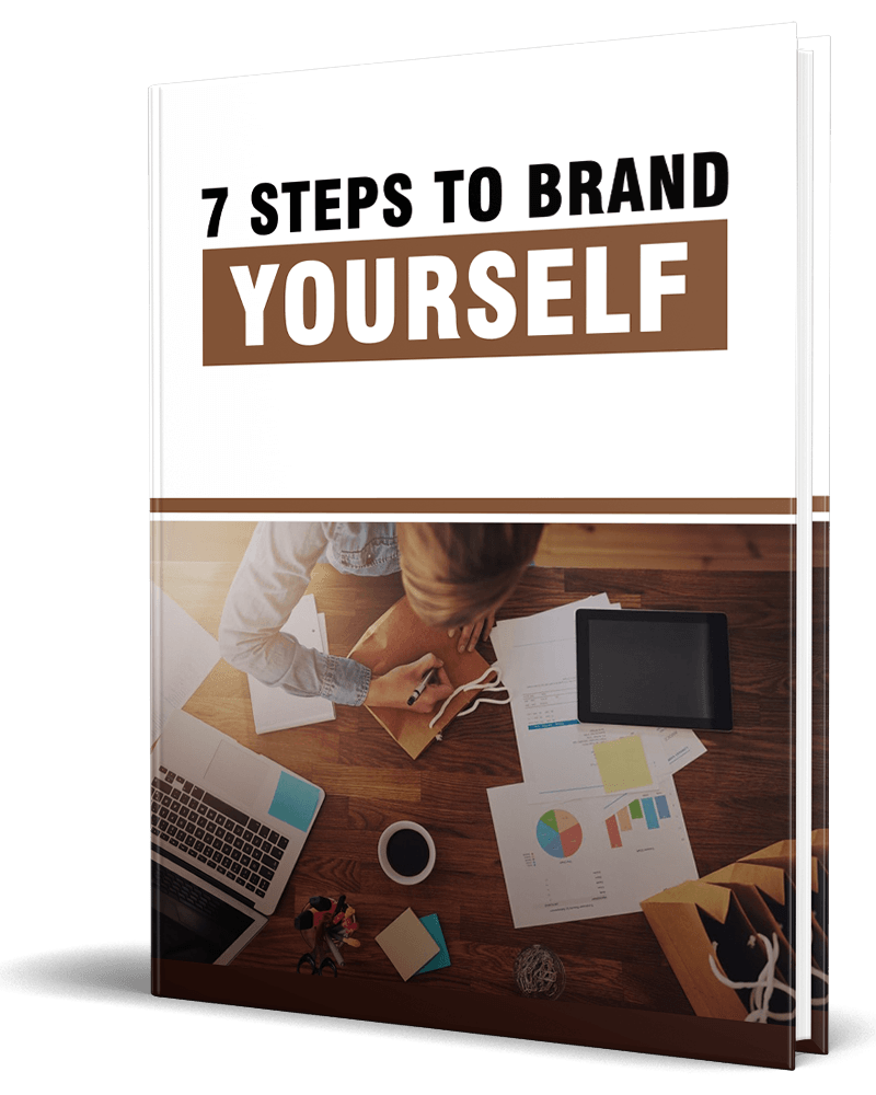 3D mockup of the '7 Steps to Brand Yourself' PLR eBook showcasing personal branding strategies.