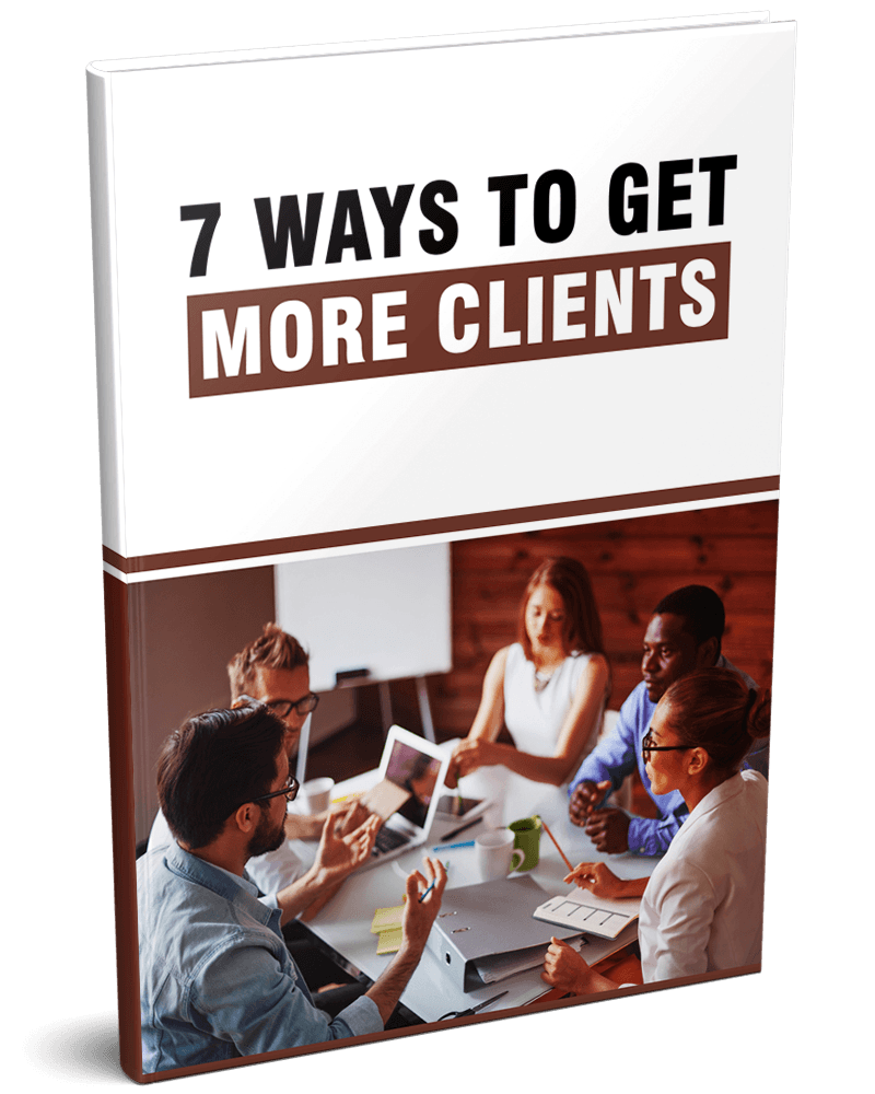 3D mockup of '7 Ways to Get More Clients' PLR eBook with marketing and client acquisition strategies.
