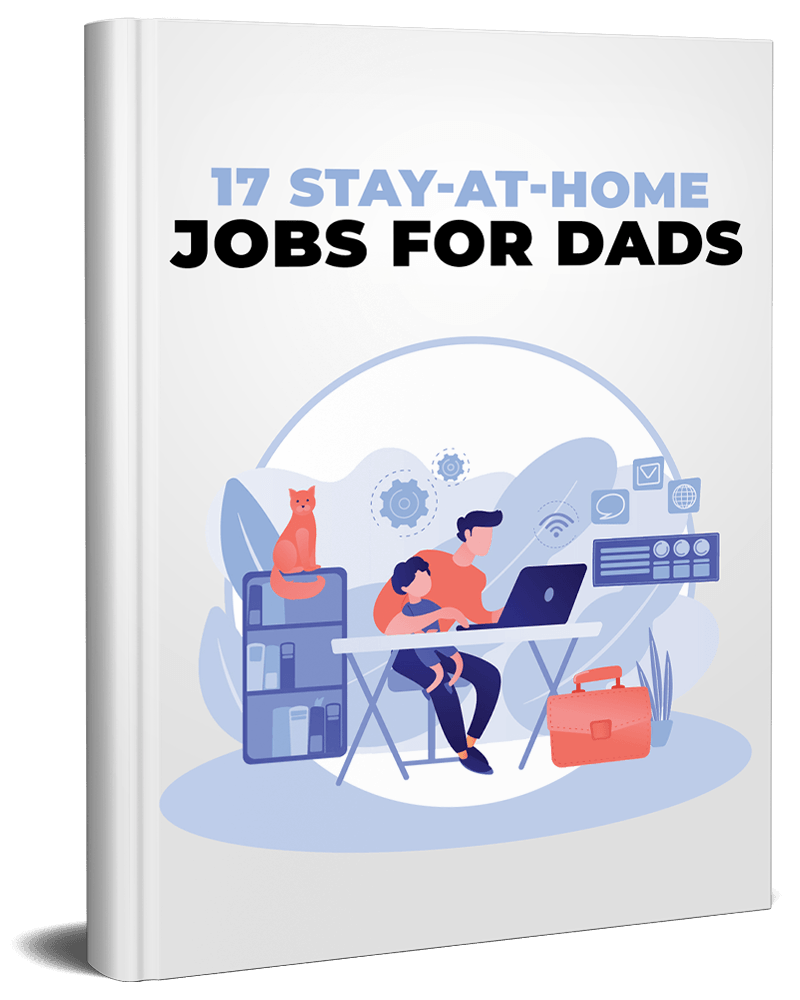 3D mockup of 'Stay-at-Home Jobs for Dads' PLR eBook offering remote job ideas for fathers.