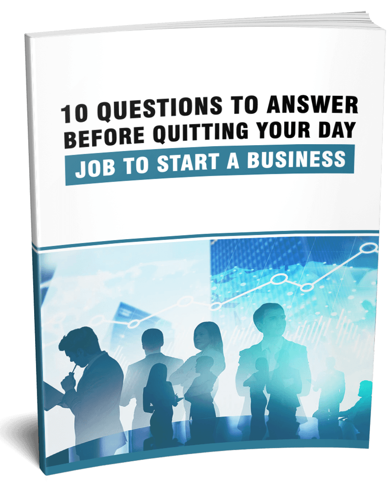 3D mockup of '10 Questions Before You Quit Your Day Job' PLR eBook guiding readers through business readiness.