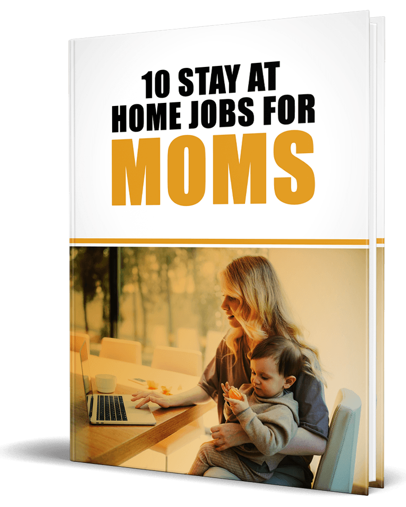 3D mockup of 'Home Jobs for Moms' PLR eBook featuring flexible remote work ideas for mothers.