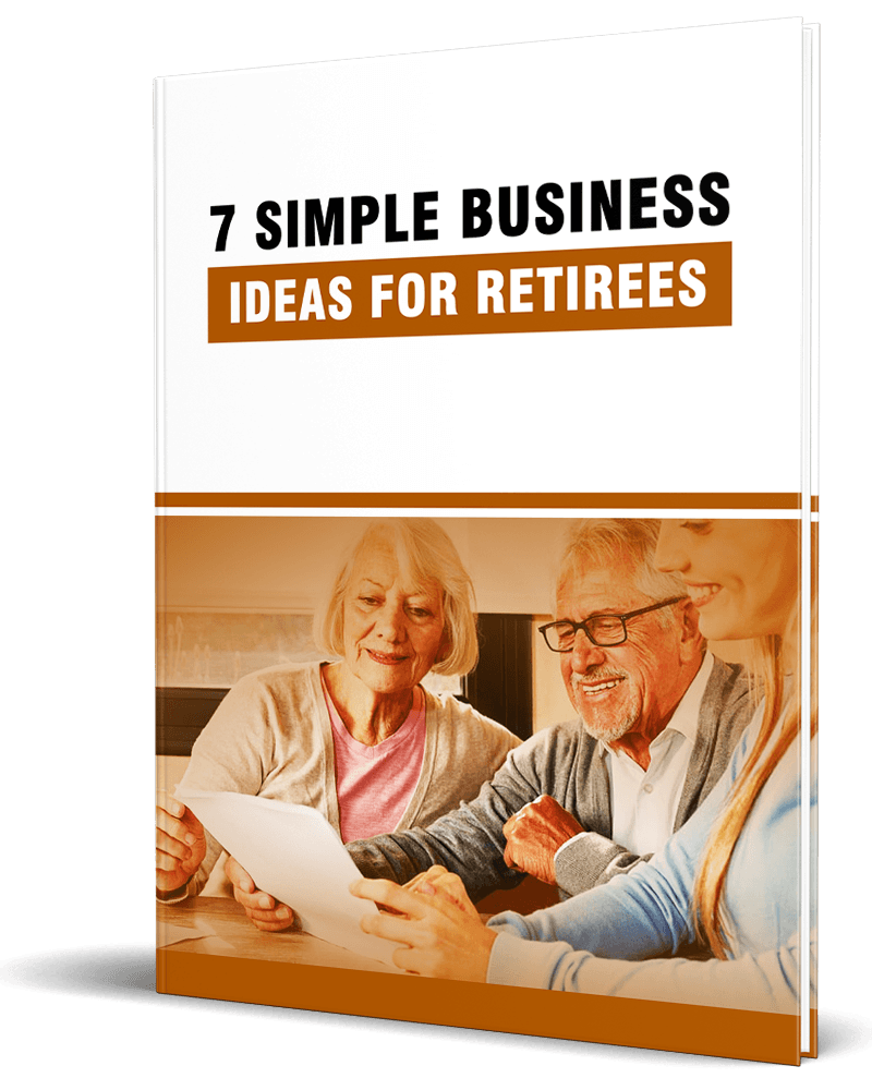3D mockup of '7 Simple Business Ideas for Retirees' PLR eBook with small business tips for retirees.