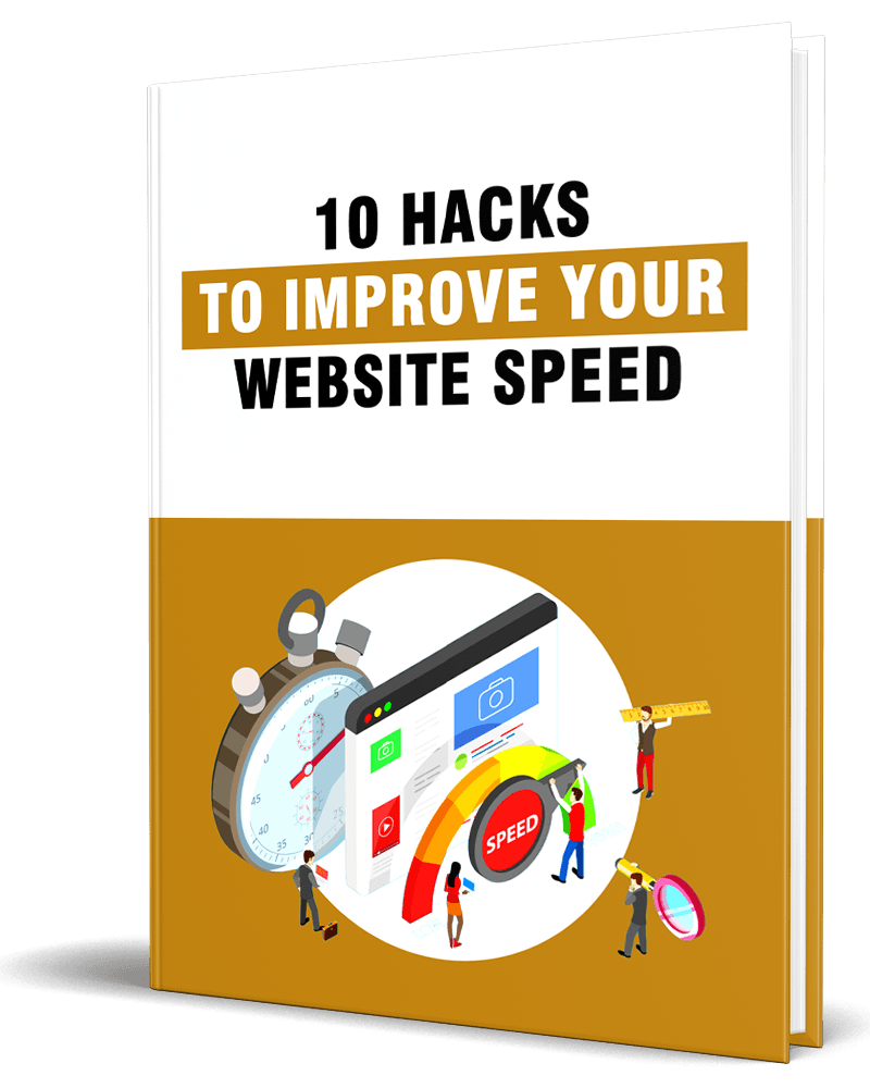 3D cover mockup of '10 Hacks to Improve Your Website Speed' PLR eBook with site optimization tips.