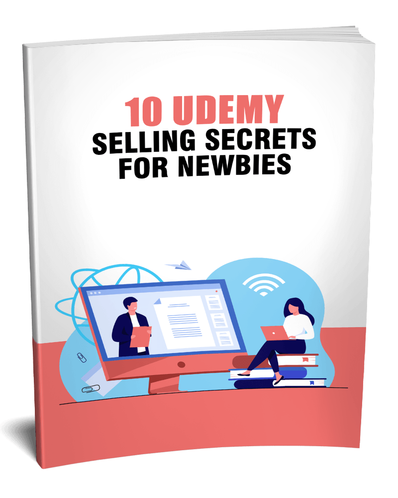 3D mockup of 'Udemy Selling Secrets for Newbies' PLR eBook with beginner tips for selling online courses.