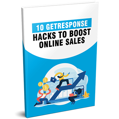 3D mockup of '10 GetResponse Hacks to Boost Online Sales' PLR eBook featuring email marketing strategies.