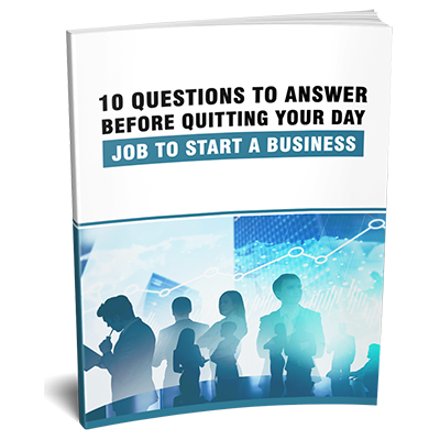 3D mockup of '10 Questions Before You Quit Your Day Job' PLR eBook guiding readers through business readiness.