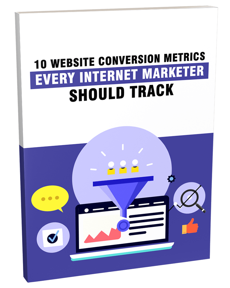 3D mockup of '10 Website Conversion Metrics' PLR eBook detailing key analytics for higher sales.